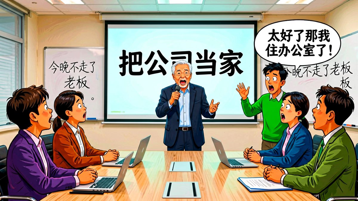 老板画饼说'把公司当家'，员工直接反手说'那我今晚住公司'。