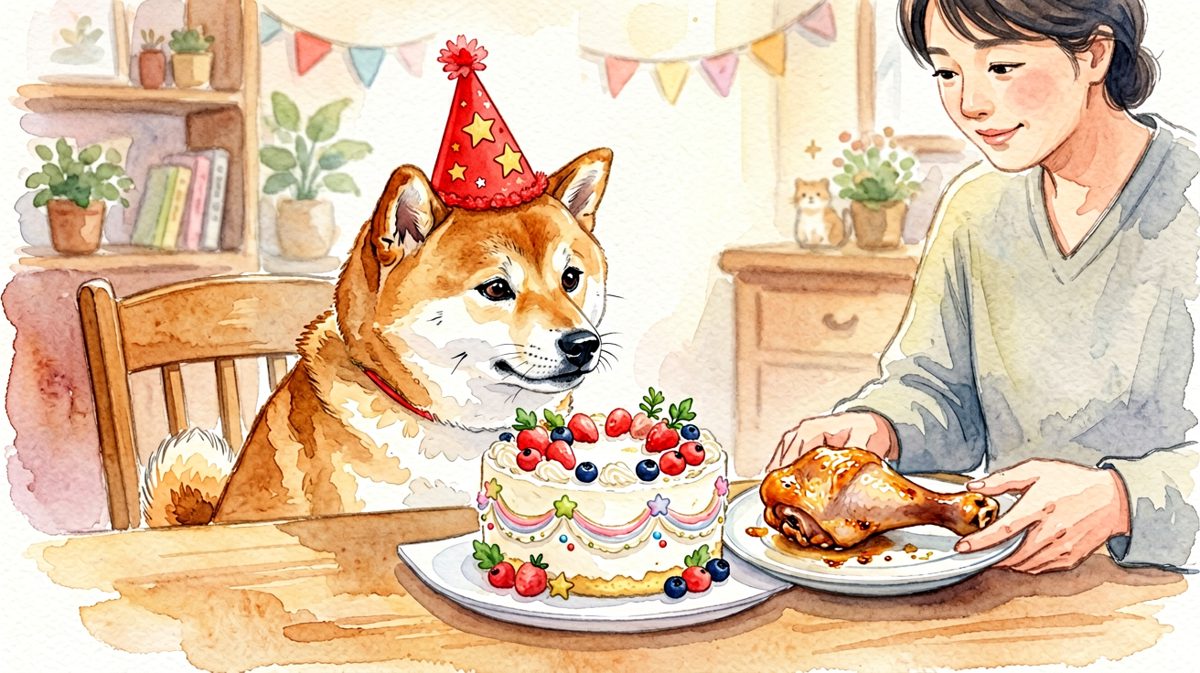 狗：祝你生日快乐……你能不能先把那块肉给我