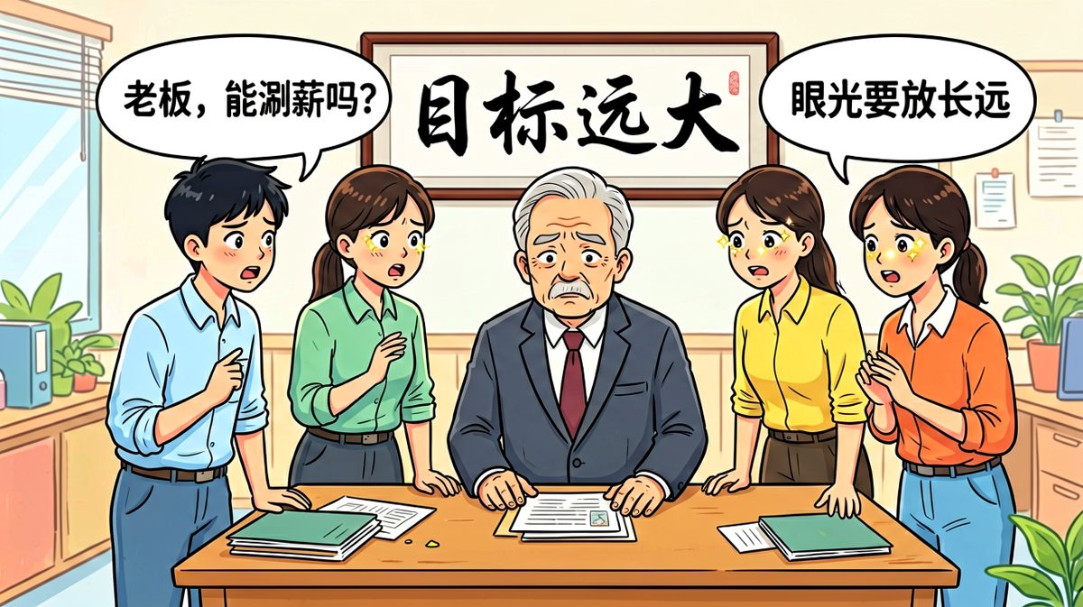 员工：老板，能涨薪吗？老板：眼光要放长远。员工：那多远？老板：远到你退休都看不见。