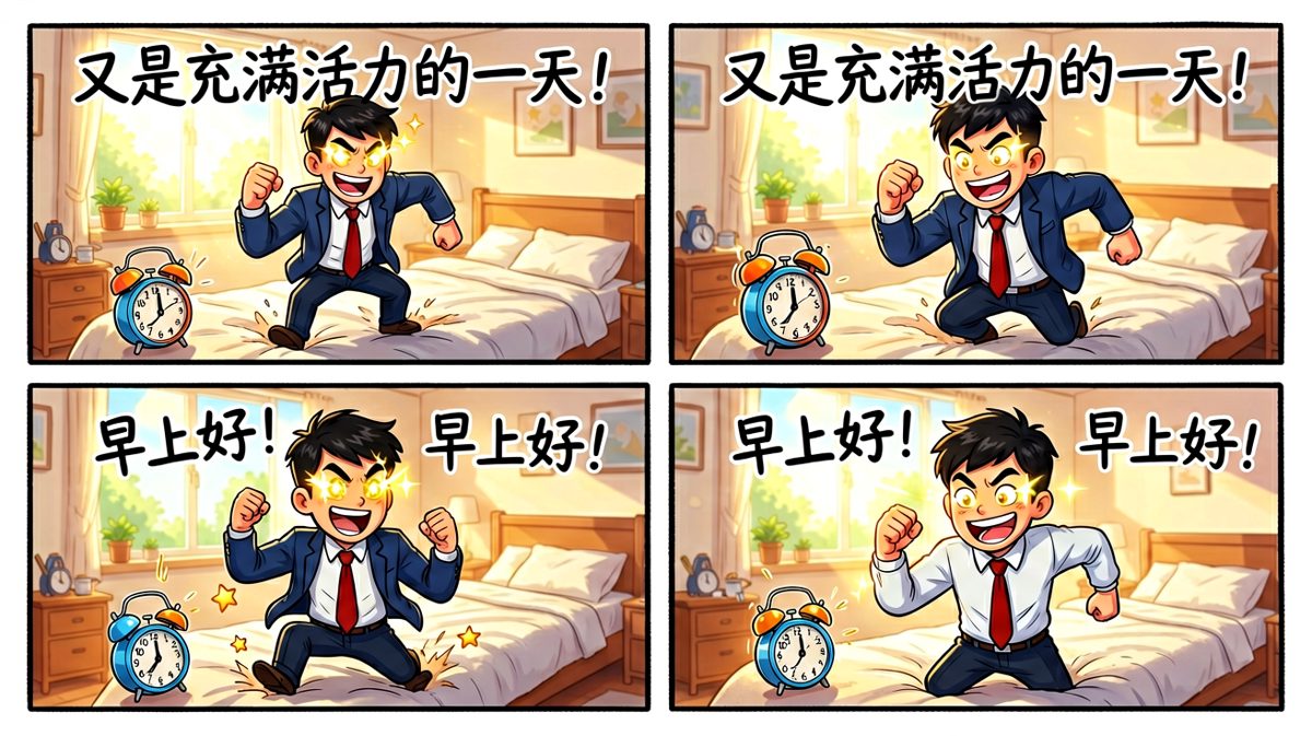 闹钟响起，社畜元气满满地跳起来，仿佛即将拯救世界