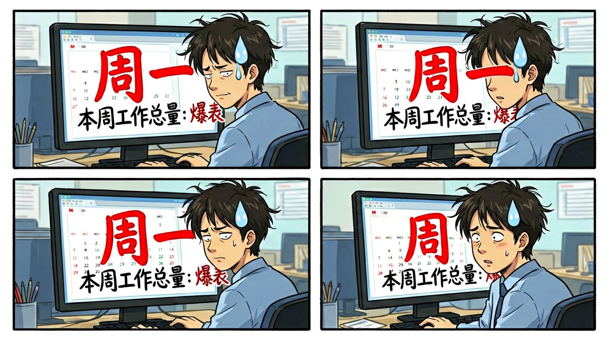看到电脑上的日历，笑容瞬间凝固，原来今天是周一
