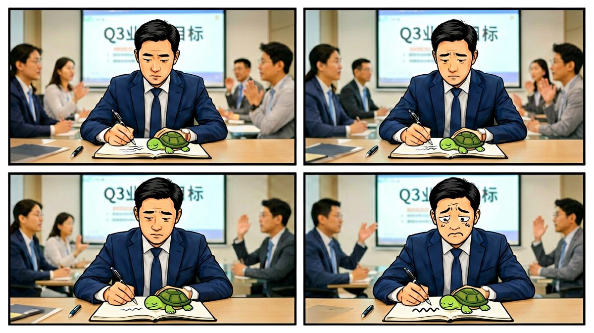 开会时假装认真，其实在本子上画乌龟睡觉