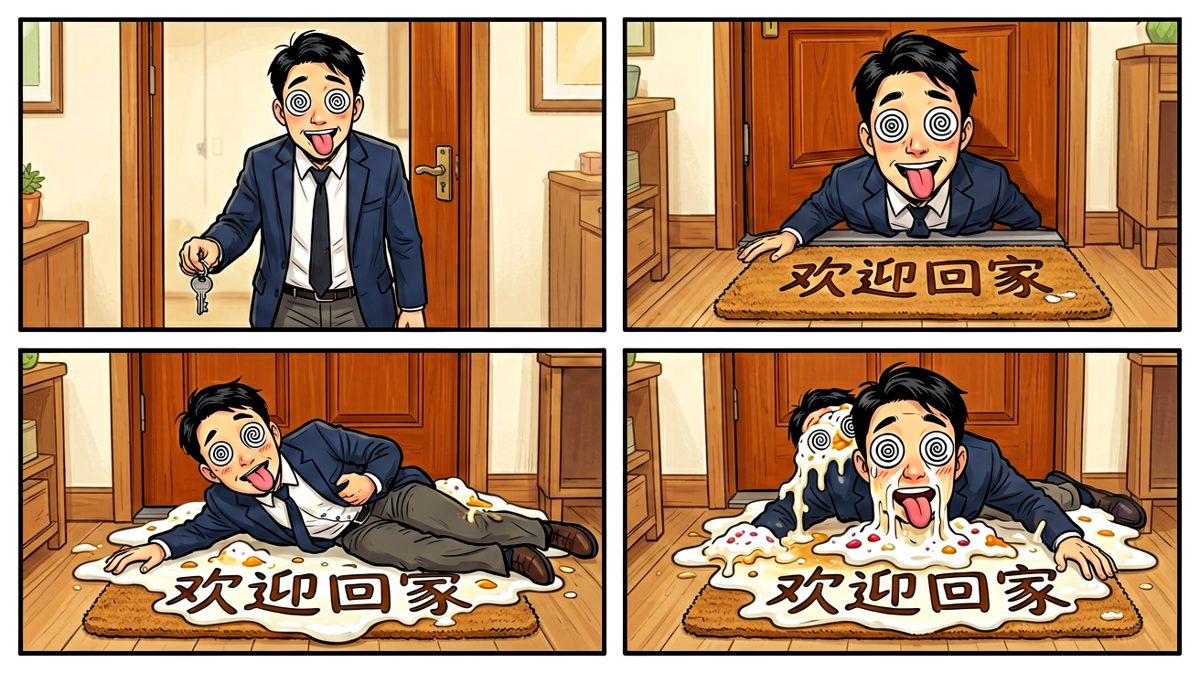 拖着残躯回到家，灵魂已经离体，只剩肉身在门口融化