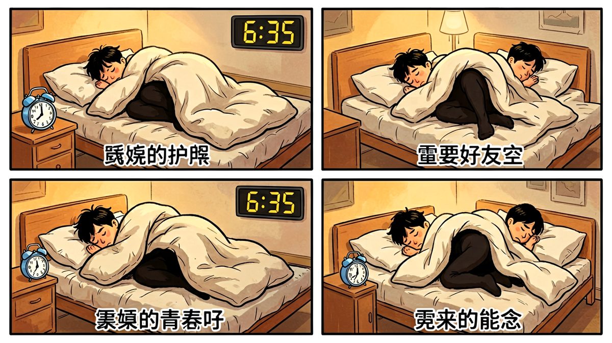 第二格：手刚离开闹钟不到5秒，身体自动缩回被窝，继续沉睡。