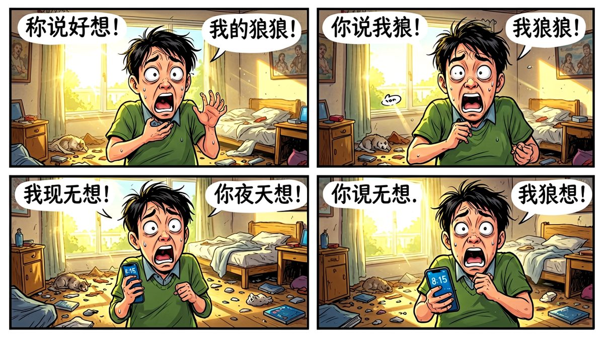 第三格：手机狂震，主角惊醒看到时间——已经迟到了两小时！