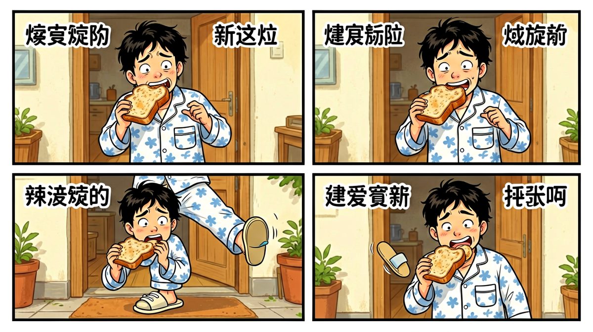 第四格：虽然迟到，但还是得狼狈出门打工，人生就是这样充满意外。