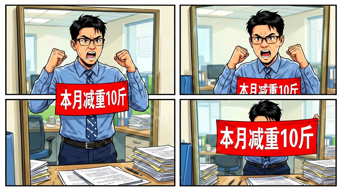 主角雄心壮志立下减肥flag，眼神充满斗志。