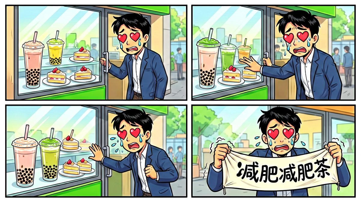 奶茶店的诱惑让他瞬间破防，内心疯狂挣扎。