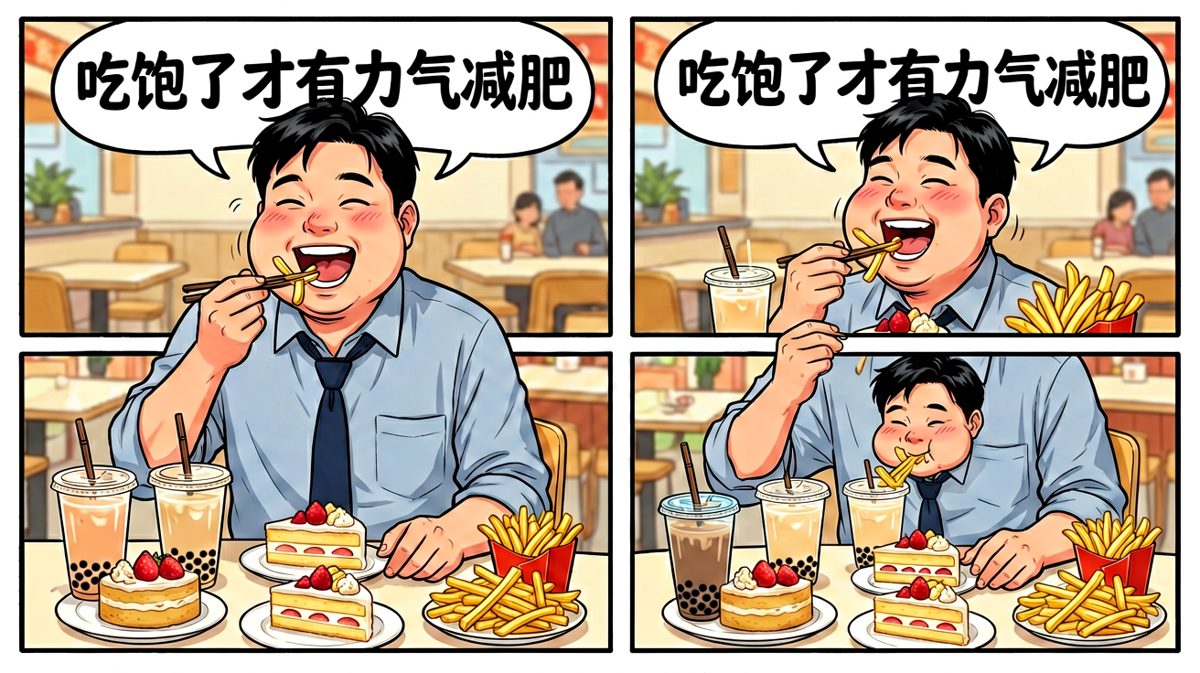 美食当前果断投降，自我安慰吃饱才有力气减肥。