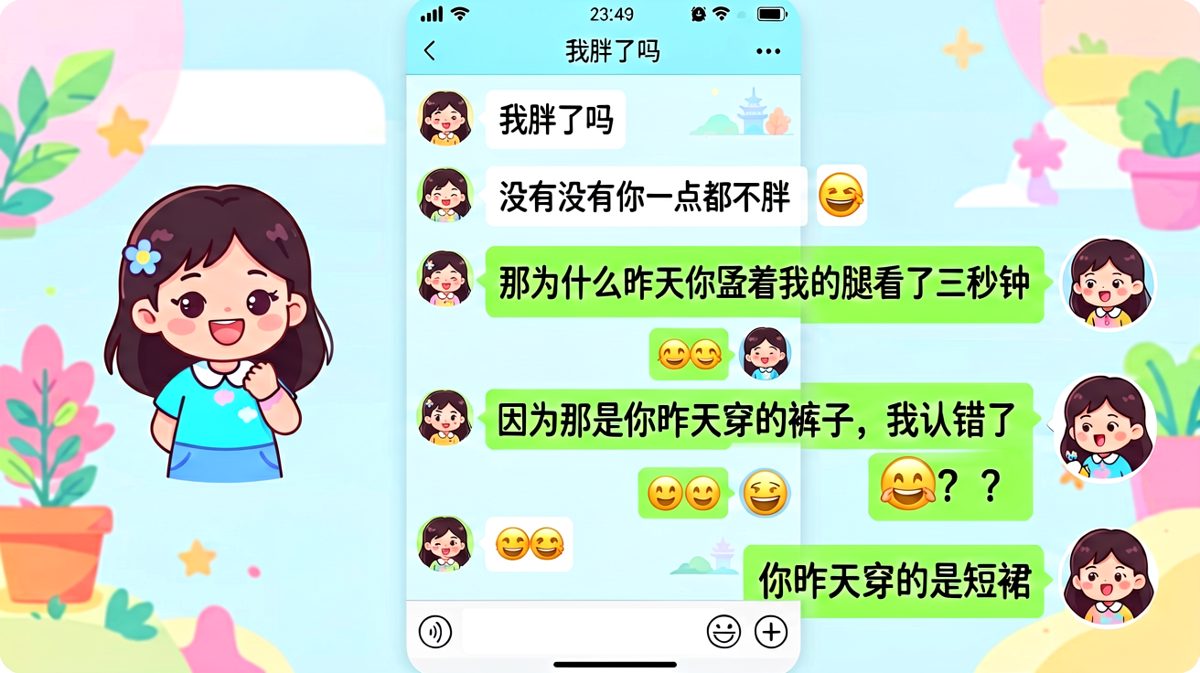 送命题现场：男生用'腿'回答了'胖'的问题，却用'裤子'把自己埋了。