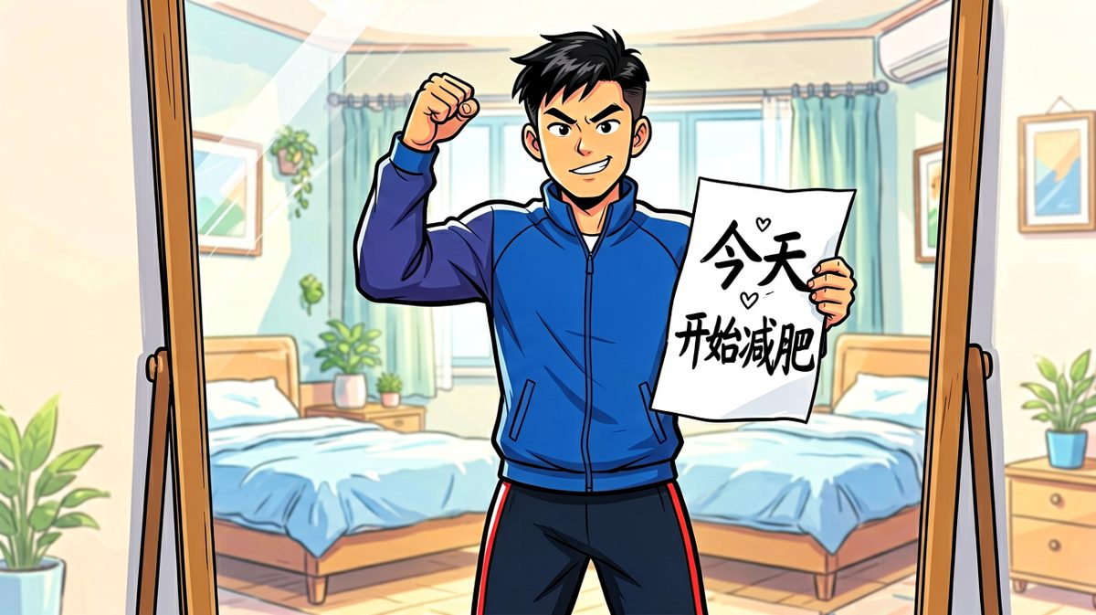 清晨雄心勃勃，发誓从今天开始减肥。