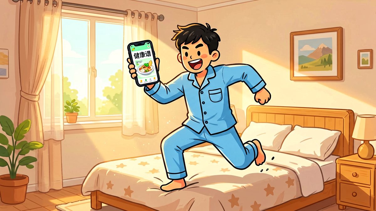 第一格：闹钟响起，主角决心今天要吃健康早餐！