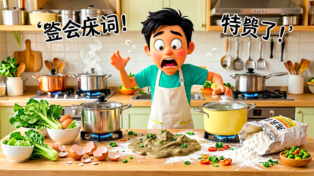 第二格：厨房里一片狼藉，手忙脚乱的备料过程完全失控！