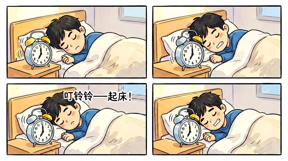 闹钟第一次响，主人公条件反射地伸手按掉