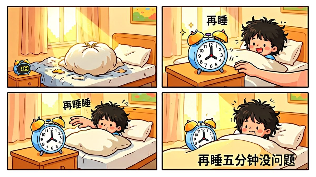 闹钟响了， confidently 按掉它，想着再睡五分钟。