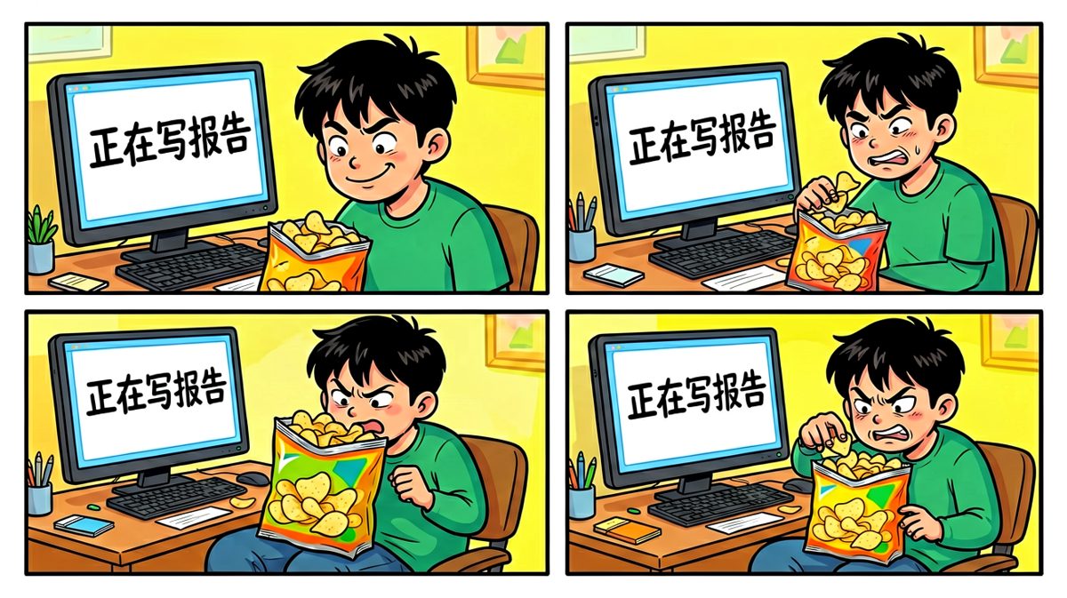 小明假装工作，实则偷吃薯片