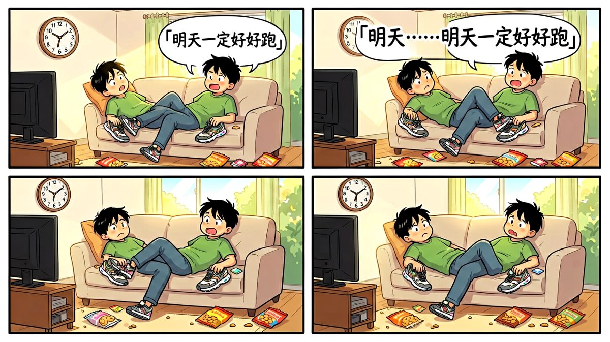 第四格：跑完五百米就回家，明天一定——经典谎言