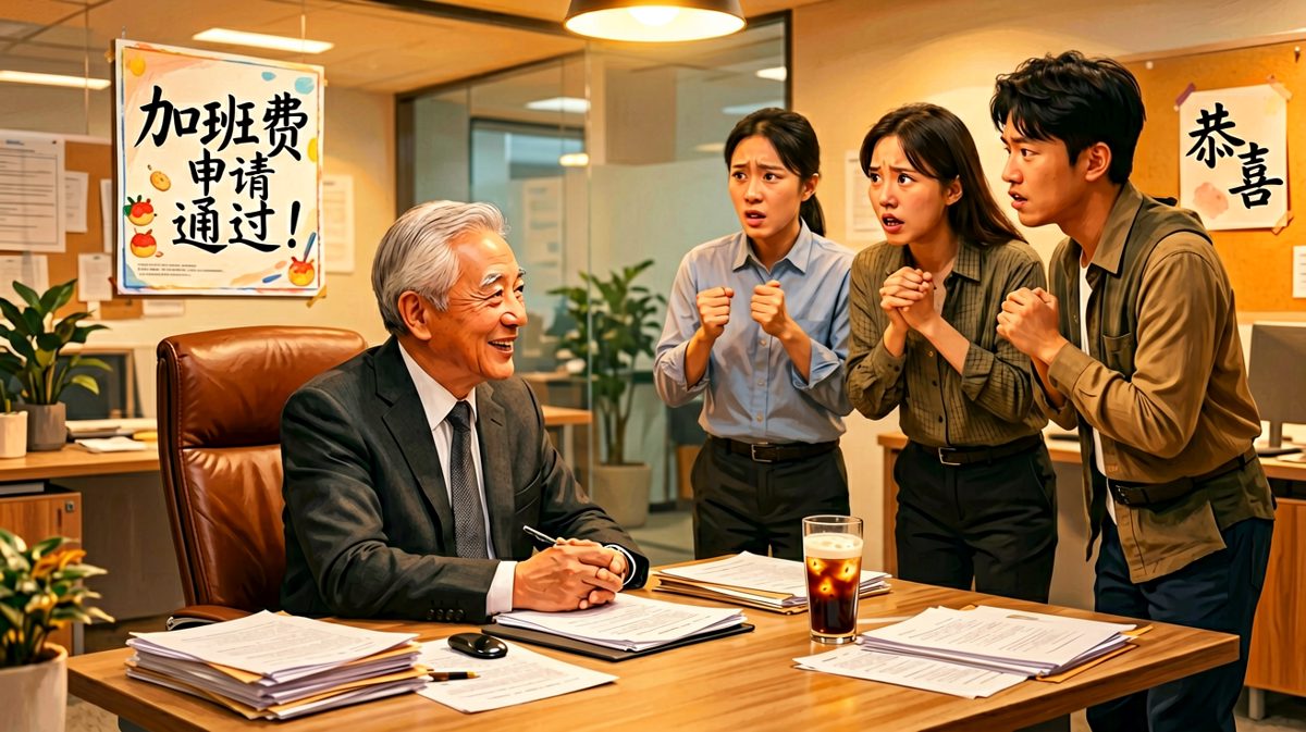 老板说你的加班费申请通过了，员工激动得眼泪都要出来了。