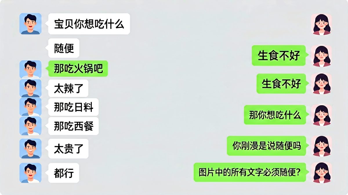 经典的「随便」陷阱，男生的崩溃全过程