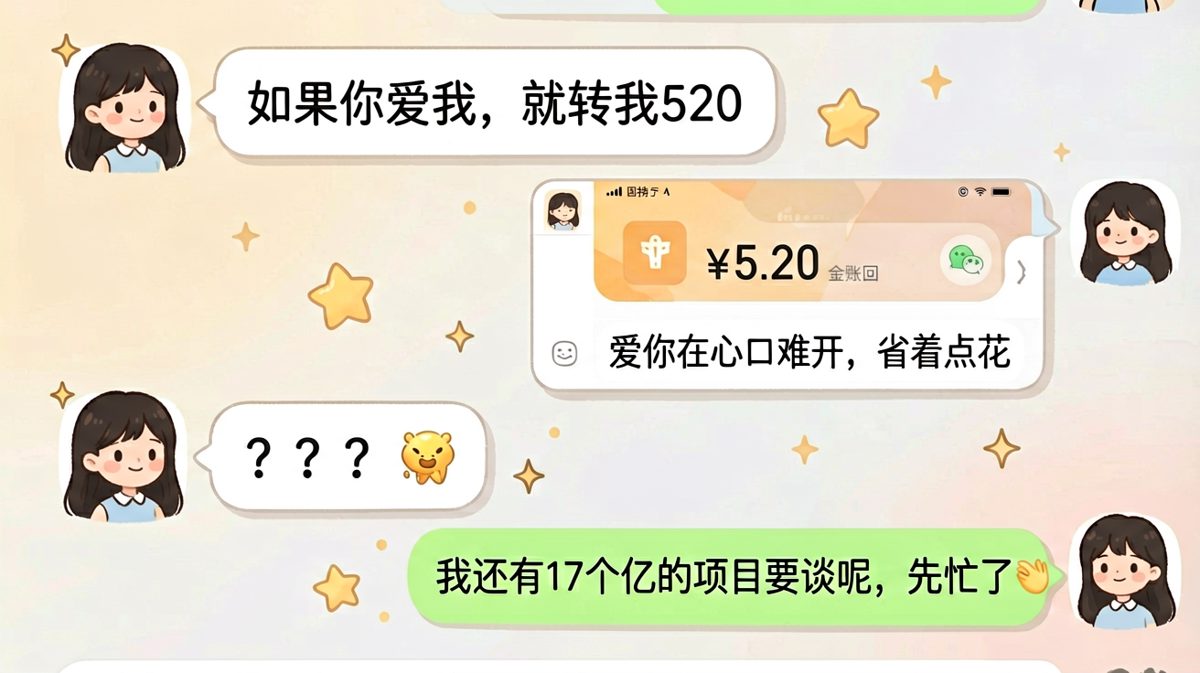 女生要520红包测试感情，男生反手转了5块2，还贴心嘱咐「省着点花」并假装忙工作溜走