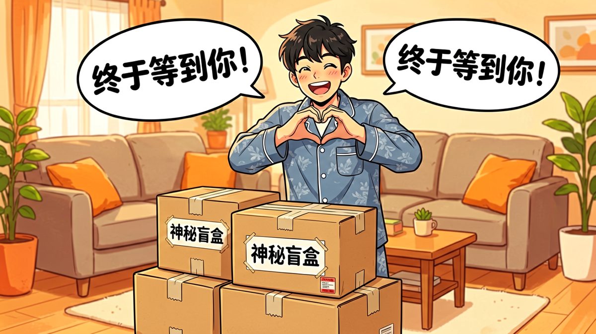 主人公收到网购盲盒，激动万分准备开箱