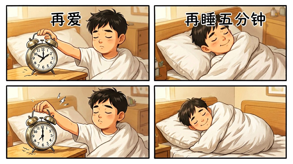 关掉闹钟，继续睡，完美。