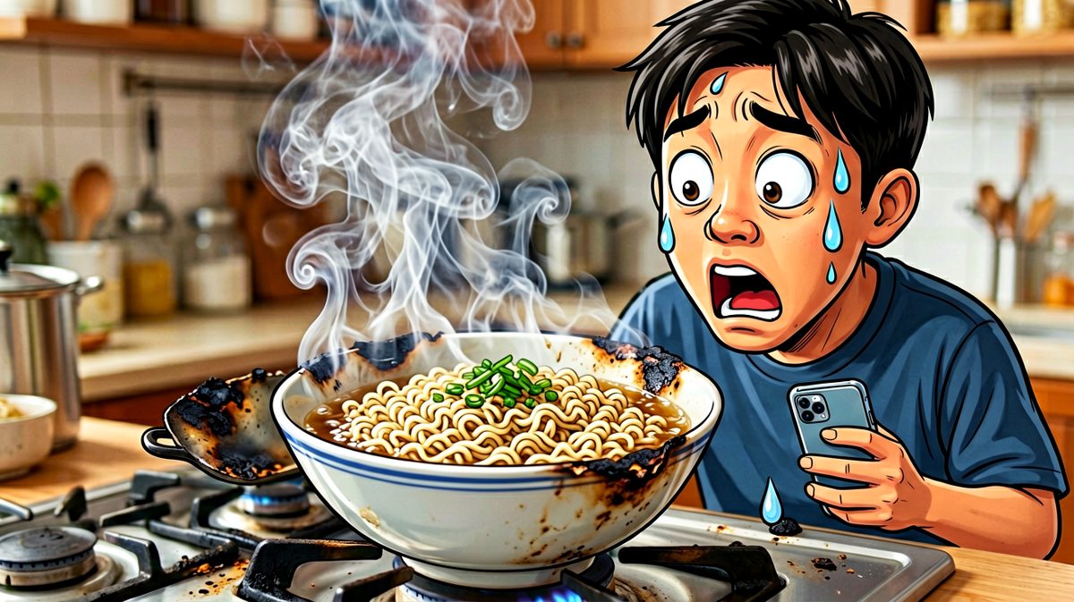 猛然抬头——泡面已经糊成了碳！