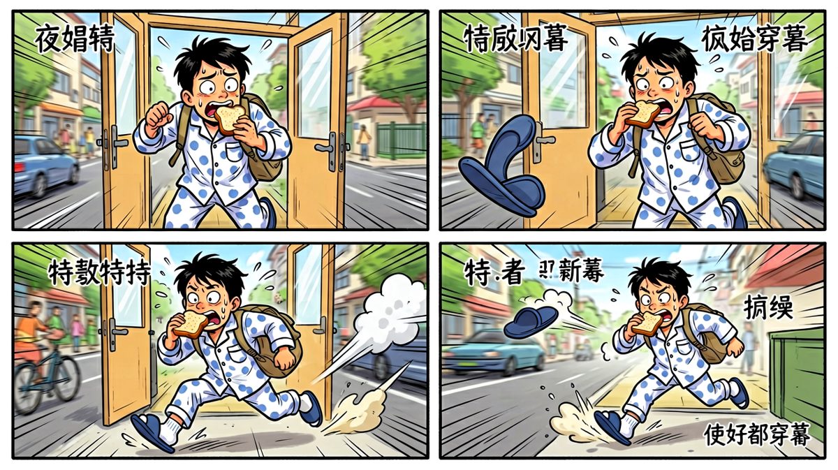 以百米冲刺的速度逃离家门，连鞋都跑丢了一只。