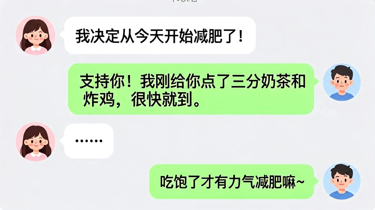 女生宣布减肥，男友反手下单炸鸡奶茶的反差笑点。