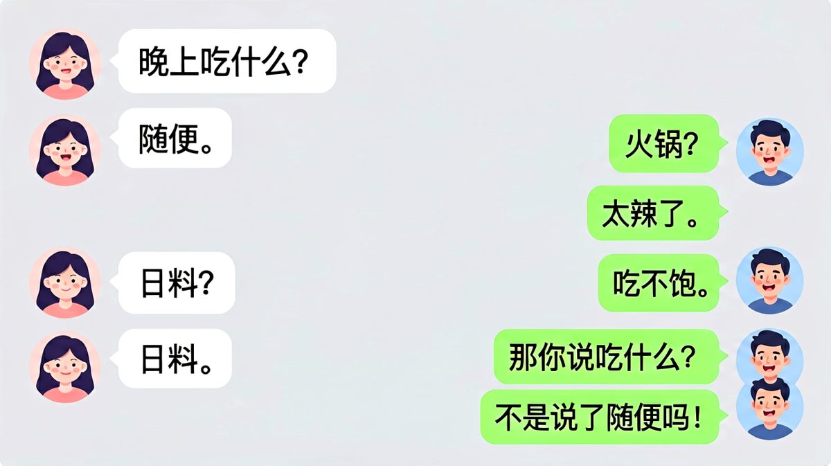 '随便'一词引发的经典情侣餐桌生存挑战。