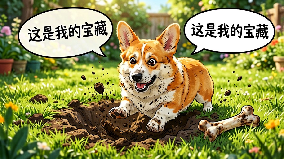 柯基挖宝现场，土都埋到脸上了还不忘摆表情。