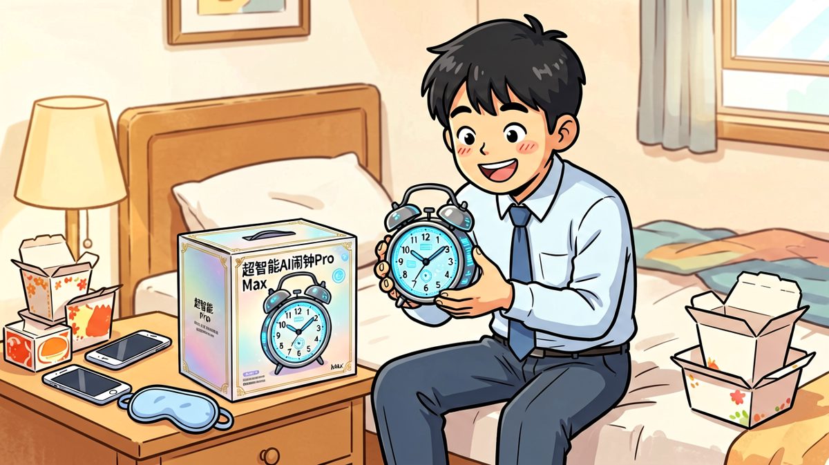 小王满怀期待地拆开了'超智能闹钟'的快递。