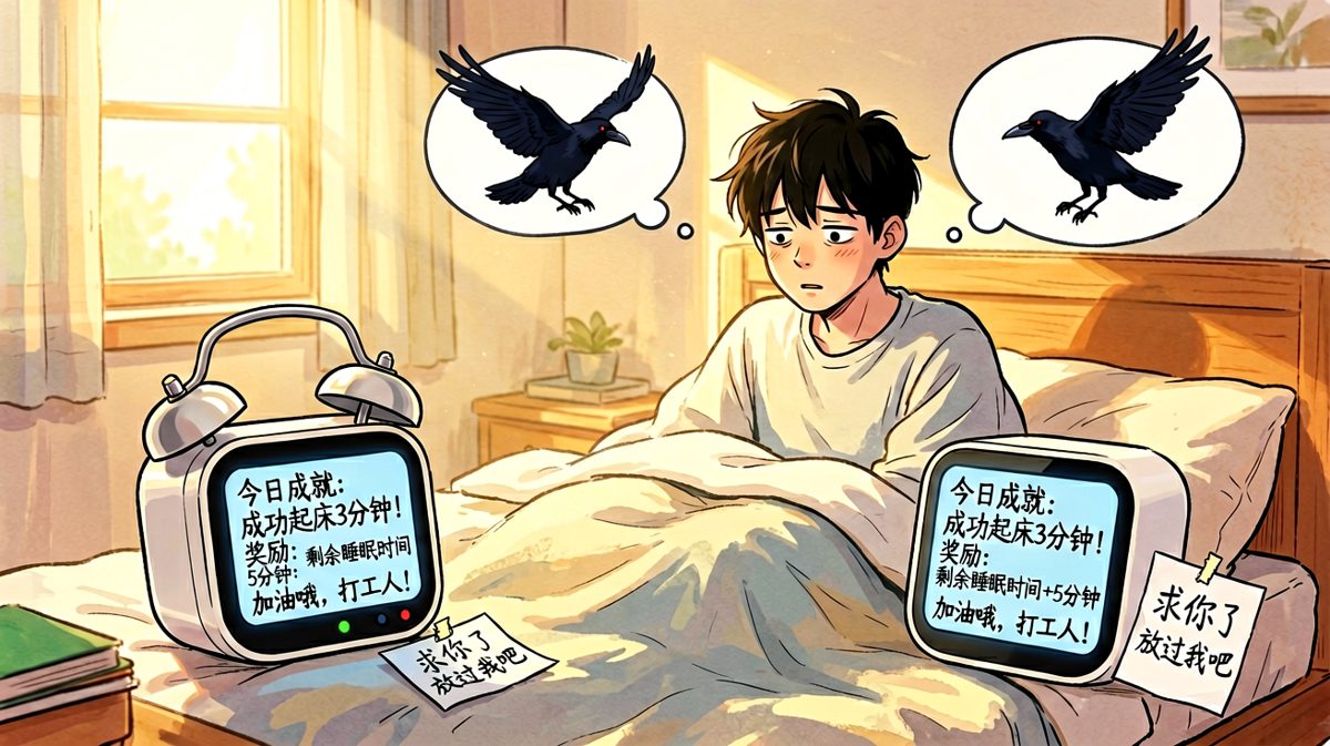 最终，闹钟用'奖励机制'彻底击败了小王，而小王选择躺平。
