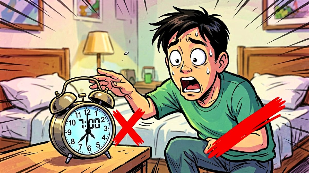 一键关机，浑然不知自己按掉了闹钟。