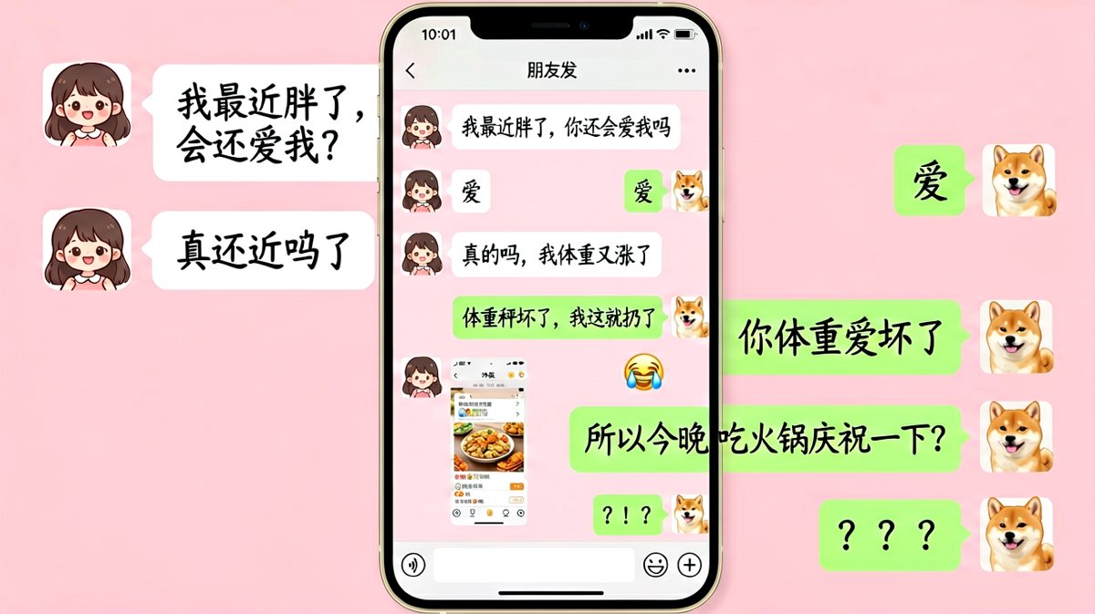 女生问还爱不爱，男生说秤坏了，结果是为了约火锅——理工男的逻辑永远猜不透。