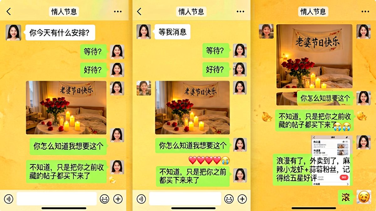 男生精心布置浪漫房间，女生感动到哭，结果附带外卖单要五星好评——浪漫与现实的完美碰撞。