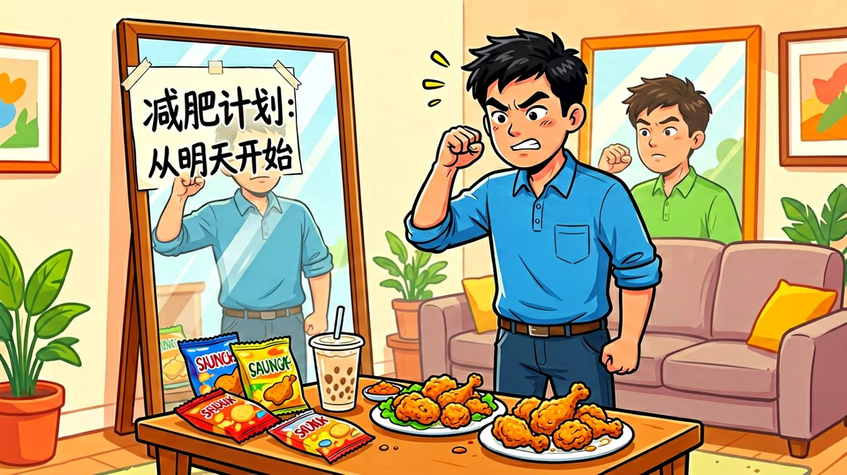 主角雄心勃勃立下减肥flag，无视满桌美食。