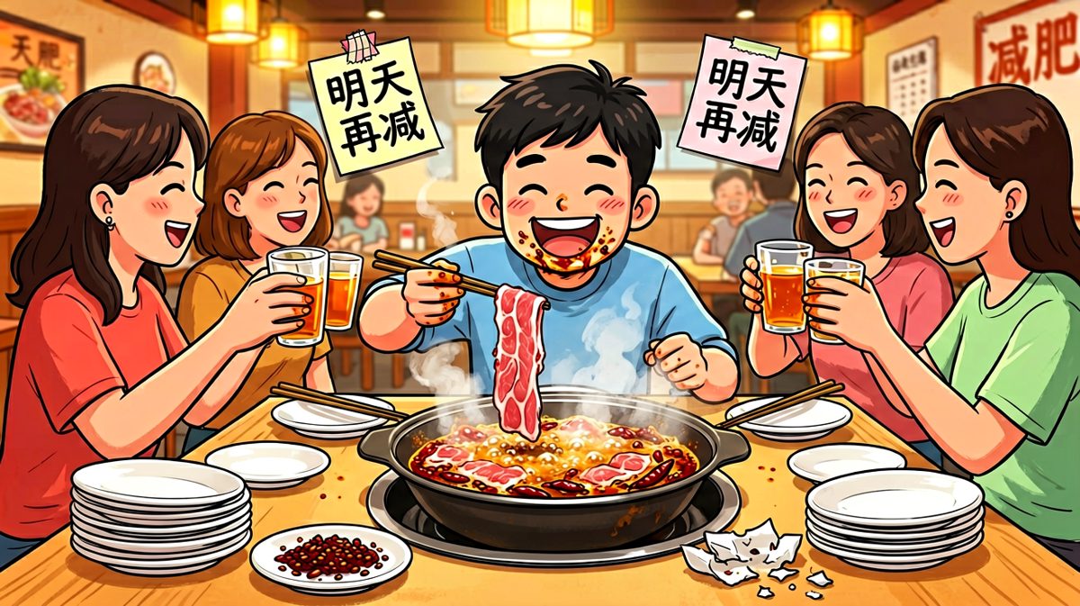 flag倒塌，主角边吃边安慰自己：明天再减！