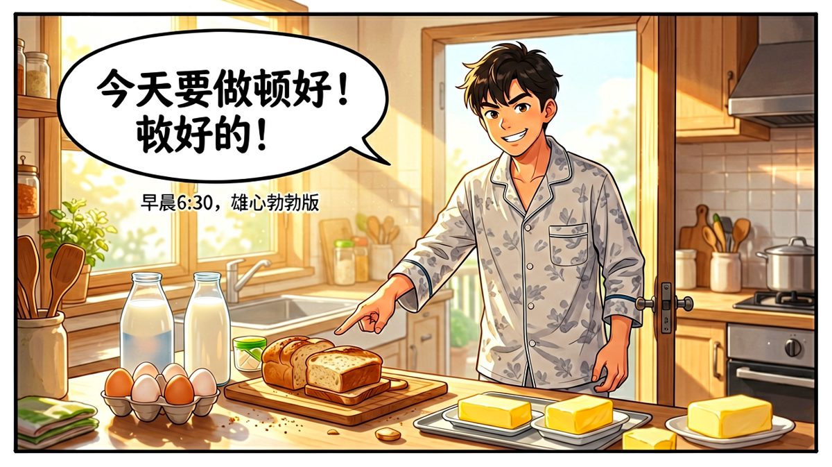 清晨，小明雄心壮志宣告要做一顿完美早餐