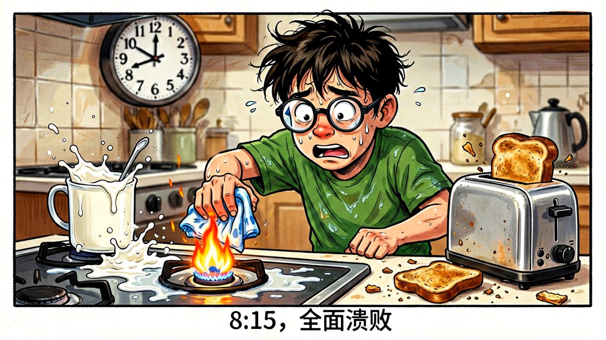 厨房一片狼藉，小明彻底崩溃