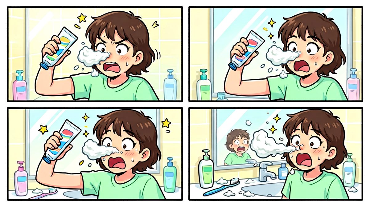刷牙时牙膏失控糊了一脸