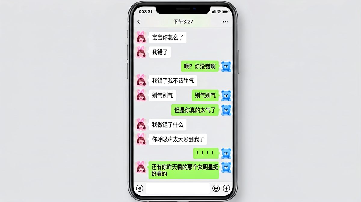 女生连发三个「我错了」后连环暴击，最后致命一击让男生崩溃。