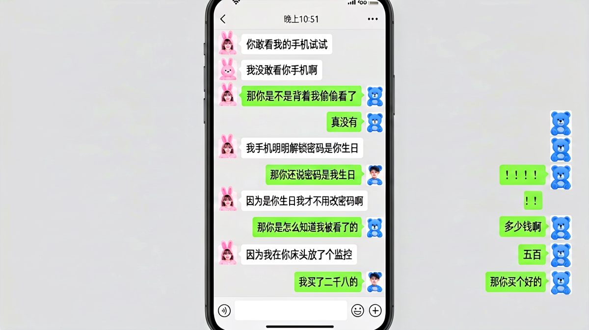 女生设局让男生承认偷看手机，结果反向教育男生要买更好的监控。
