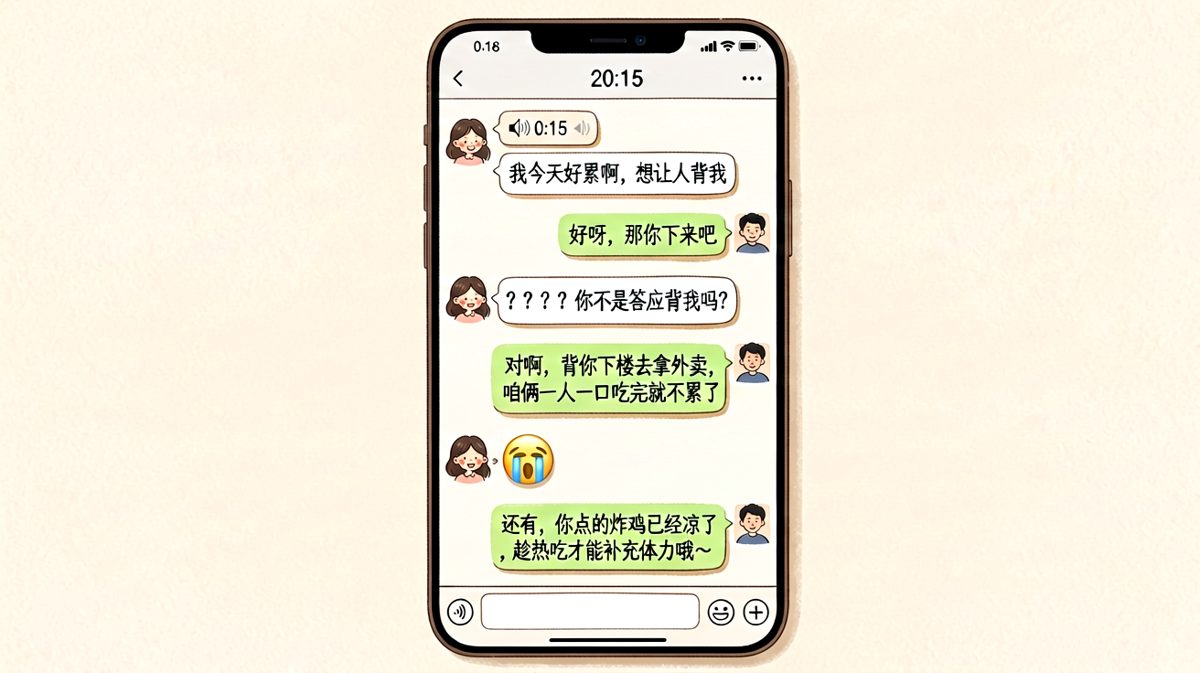 女生求安慰求背，男生精准理解成背下楼拿外卖的反转剧情