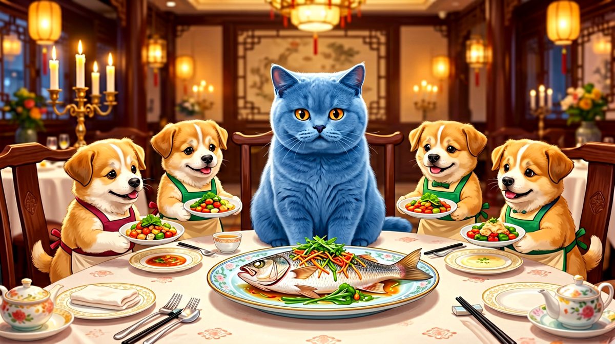 猫主子今日用餐，汪星人全员侍候
