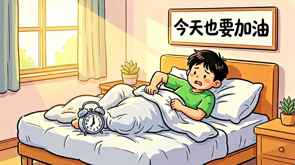 闹钟响了，但主角依然赖床不起。