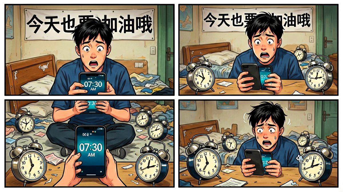 闹钟响成一片，打工人小杨惊恐睁眼，新的一天从混乱开始。