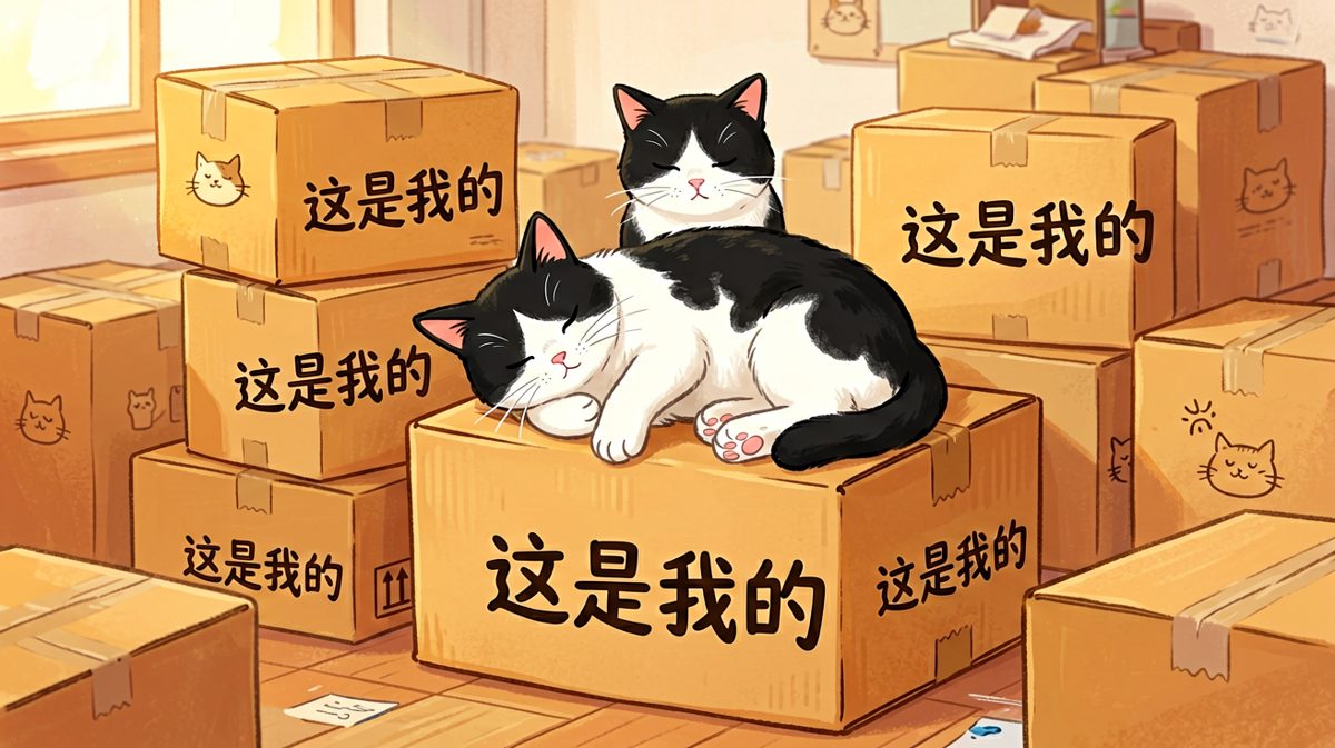 猫咪：这些箱子是我收的房租，每月交三次小鱼干。