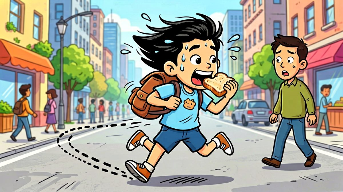 第3格：一路狂奔冲出家门，嘴里还叼着半块面包，誓死追赶打卡最后一秒