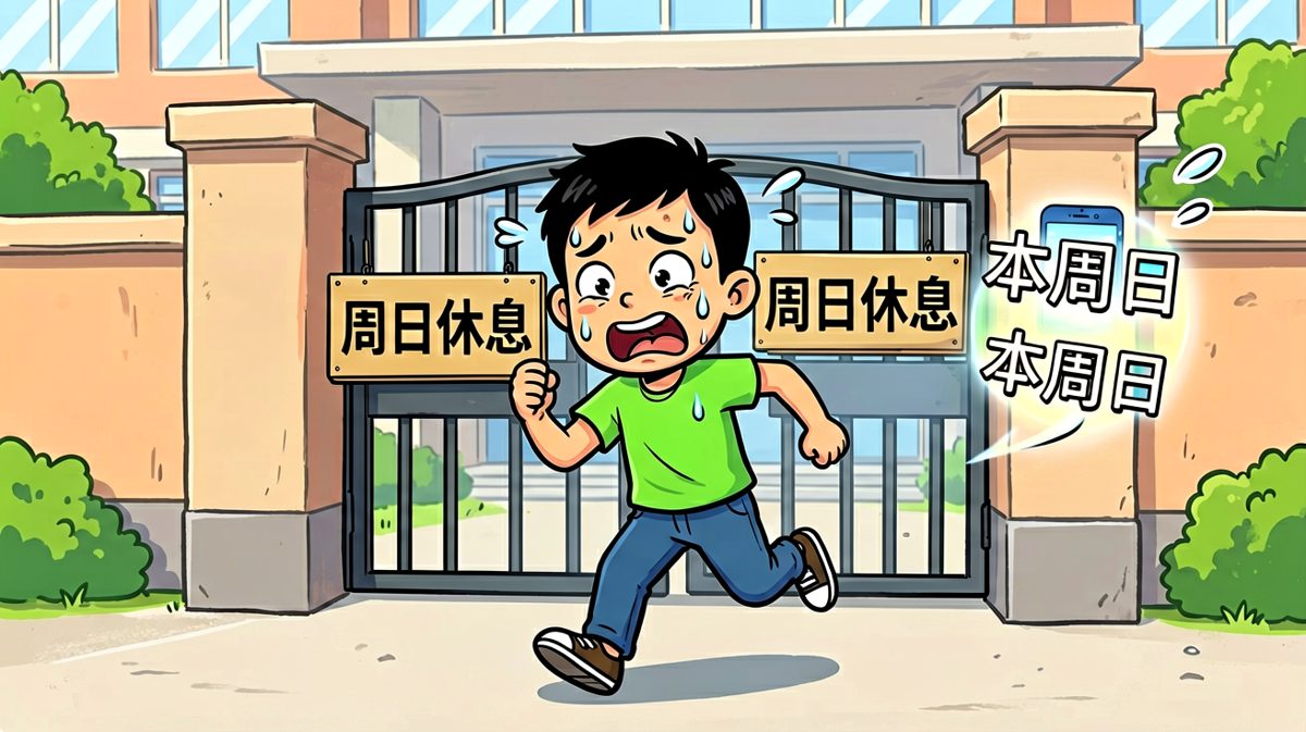 第4格：到达公司却发现大门紧闭，手机一看——今天居然是周日，卒